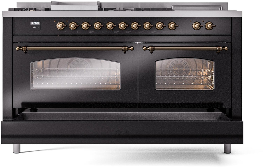 ILVE Nostalgie II 60-Inch Dual Fuel Freestanding Range in Glossy Black with Bronze Trim (UP60FSNMPBKB)