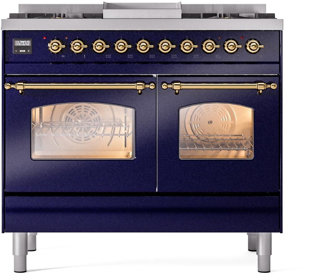 ILVE Nostalgie II 40-Inch Dual Fuel Freestanding Range in Midnight Blue with Brass Trim (UPD40FNMPMBG)