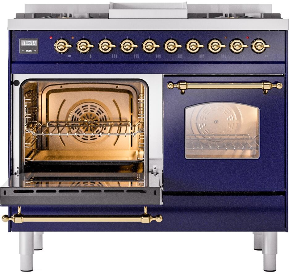 ILVE Nostalgie II 40-Inch Dual Fuel Freestanding Range in Midnight Blue with Brass Trim (UPD40FNMPMBG)