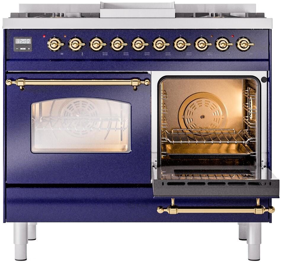 ILVE Nostalgie II 40-Inch Dual Fuel Freestanding Range in Midnight Blue with Brass Trim (UPD40FNMPMBG)