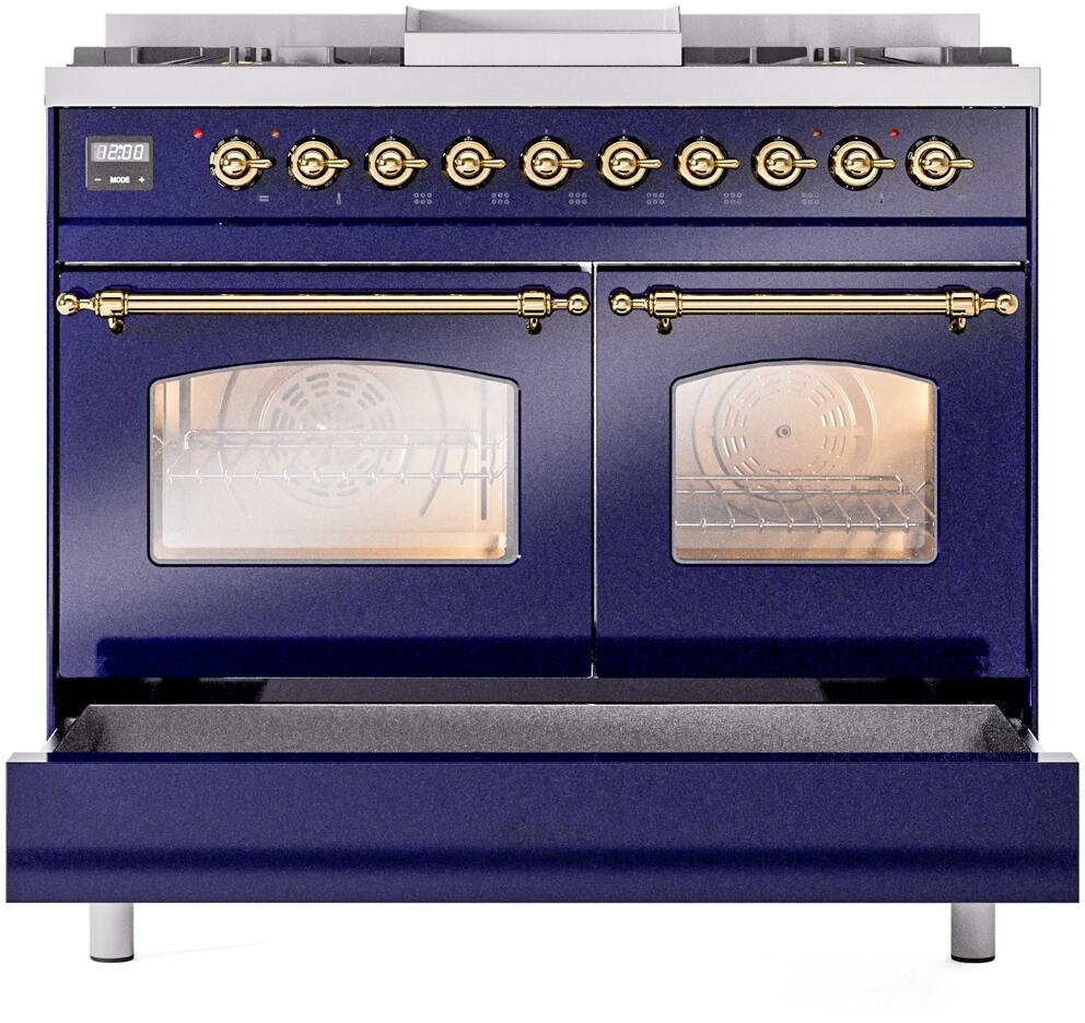 ILVE Nostalgie II 40-Inch Dual Fuel Freestanding Range in Midnight Blue with Brass Trim (UPD40FNMPMBG)