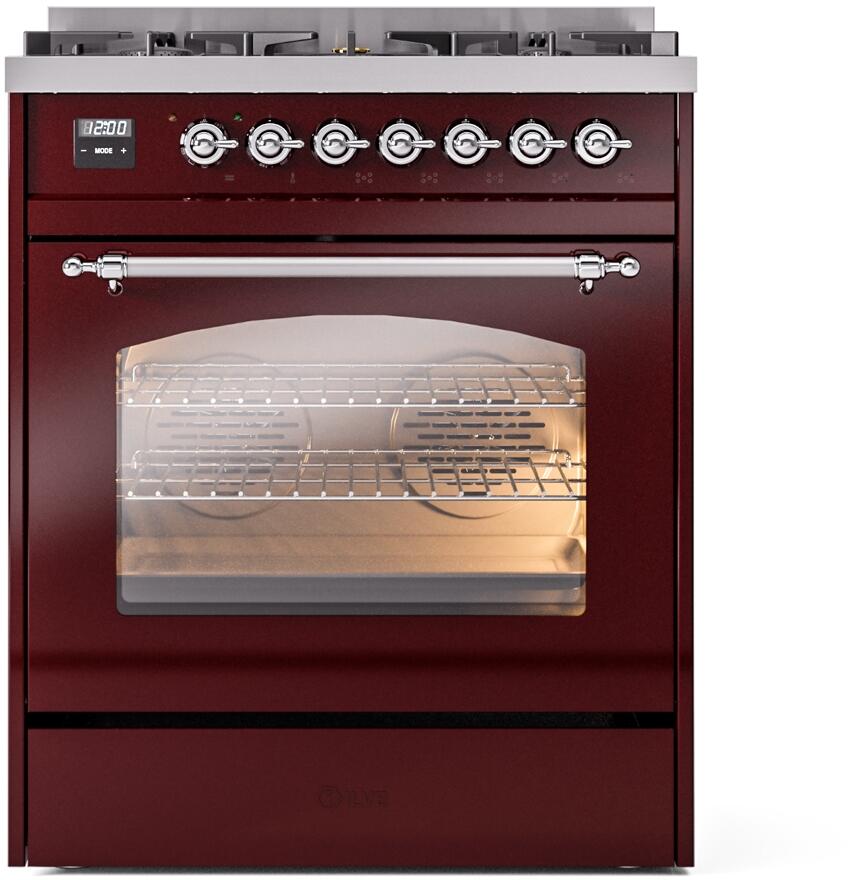 ILVE Nostalgie II 30-Inch Dual Fuel Freestanding Range in Burgundy with Chrome Trim (UP30NMPBUC)