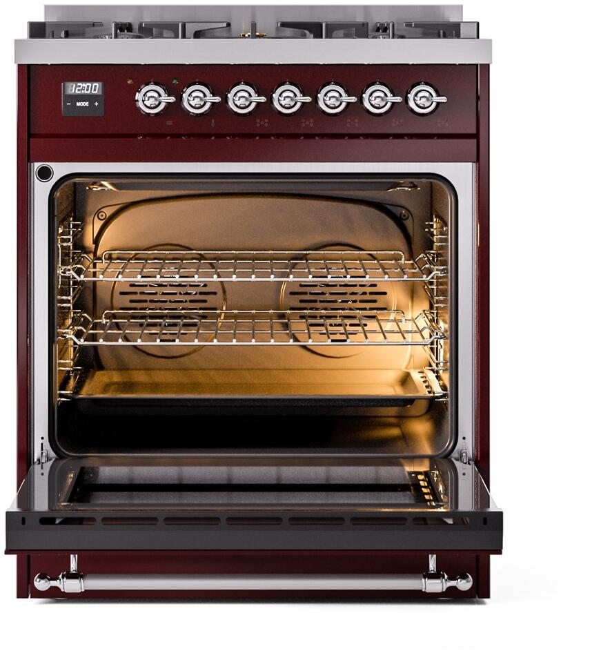 ILVE Nostalgie II 30-Inch Dual Fuel Freestanding Range in Burgundy with Chrome Trim (UP30NMPBUC)