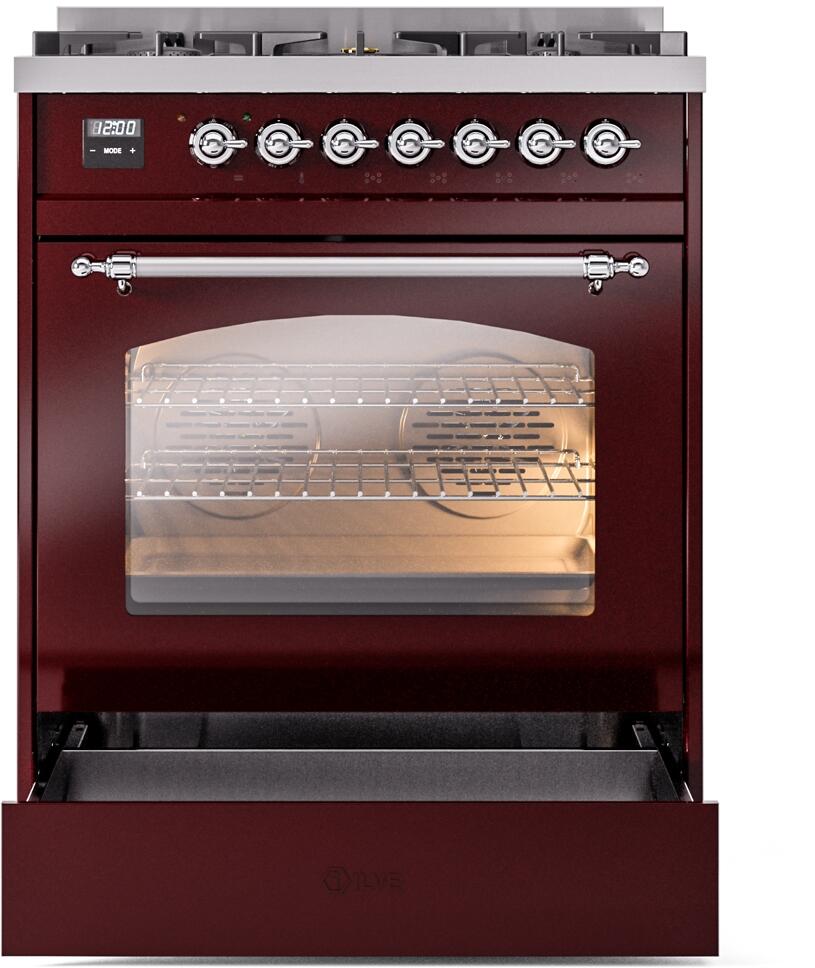 ILVE Nostalgie II 30-Inch Dual Fuel Freestanding Range in Burgundy with Chrome Trim (UP30NMPBUC)