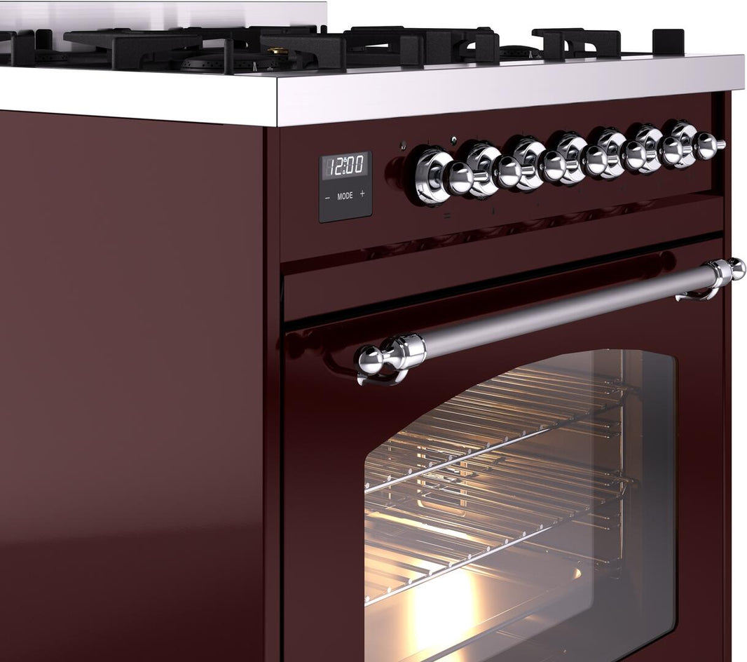 ILVE Nostalgie II 30-Inch Dual Fuel Freestanding Range in Burgundy with Chrome Trim (UP30NMPBUC)