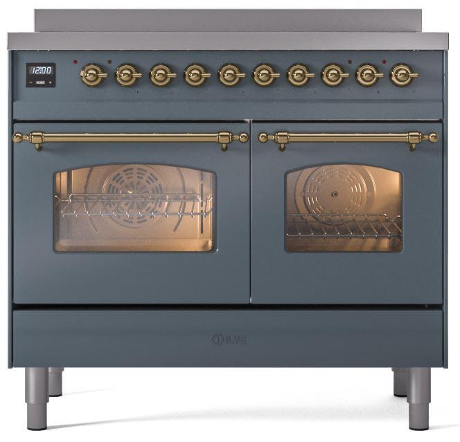 ILVE Nostalgie II 40-Inch Freestanding Electric Induction Range in Blue Grey with Brass Trim (UPDI406NMPBGG)