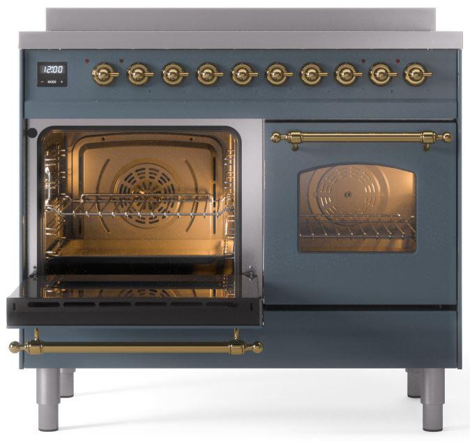 ILVE Nostalgie II 40-Inch Freestanding Electric Induction Range in Blue Grey with Brass Trim (UPDI406NMPBGG)