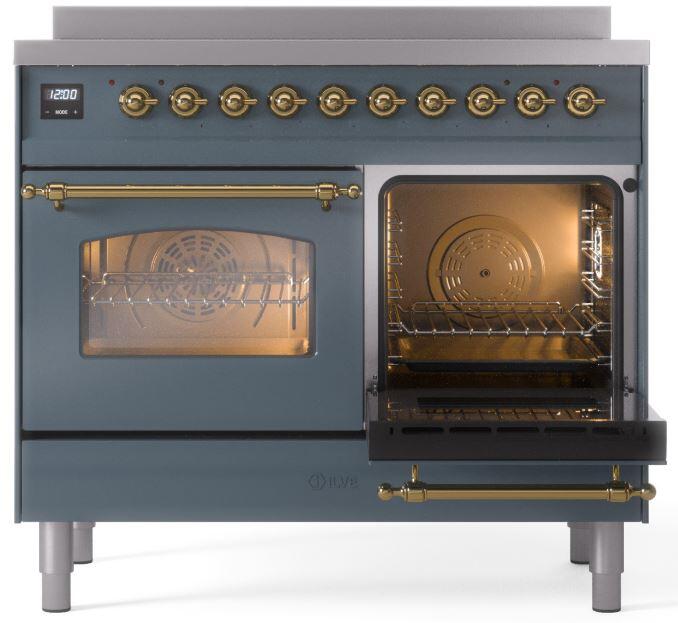 ILVE Nostalgie II 40-Inch Freestanding Electric Induction Range in Blue Grey with Brass Trim (UPDI406NMPBGG)