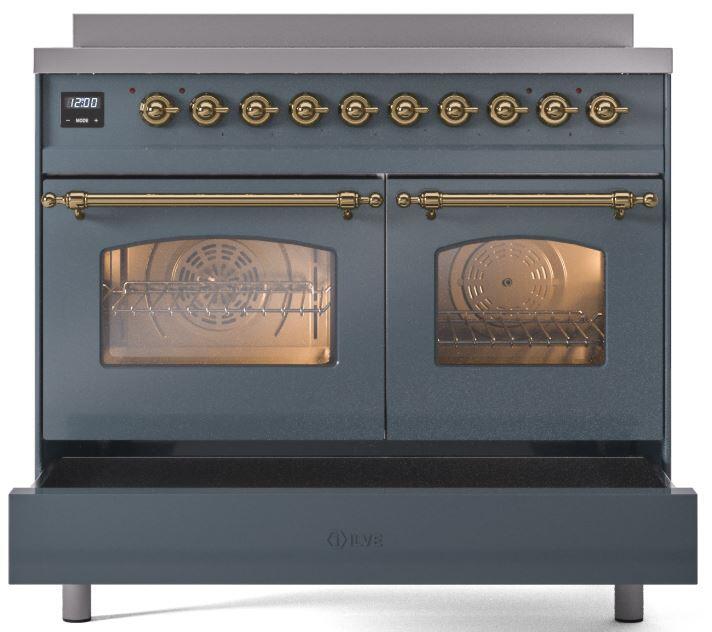 ILVE Nostalgie II 40-Inch Freestanding Electric Induction Range in Blue Grey with Brass Trim (UPDI406NMPBGG)