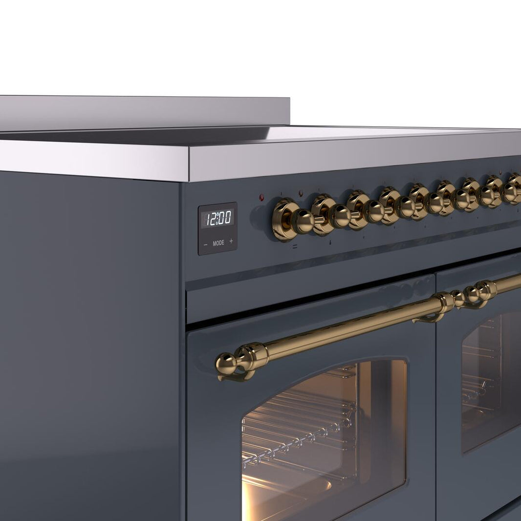 ILVE Nostalgie II 40-Inch Freestanding Electric Induction Range in Blue Grey with Brass Trim (UPDI406NMPBGG)