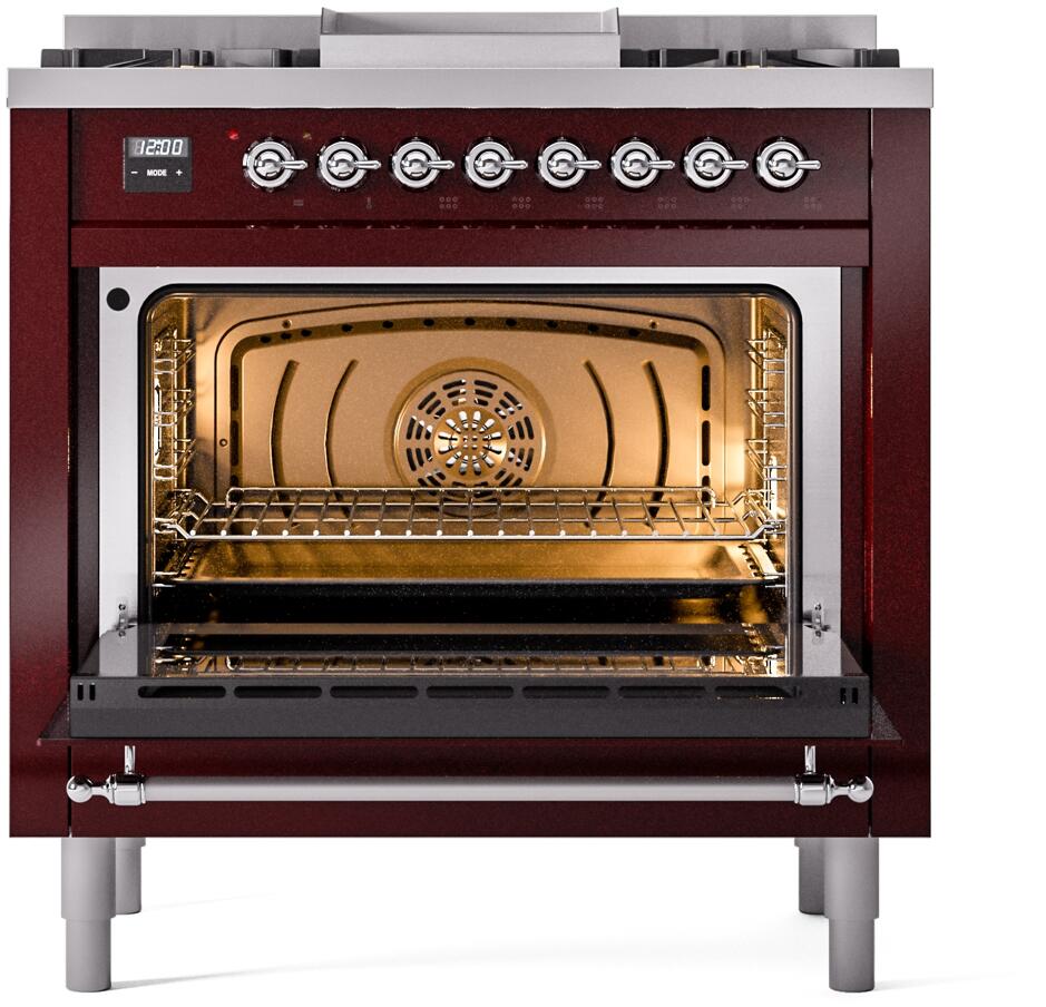 ILVE Nostalgie II 36-Inch Dual Fuel Freestanding Range in Burgundy with Chrome Trim (UP36FNMPBUC)