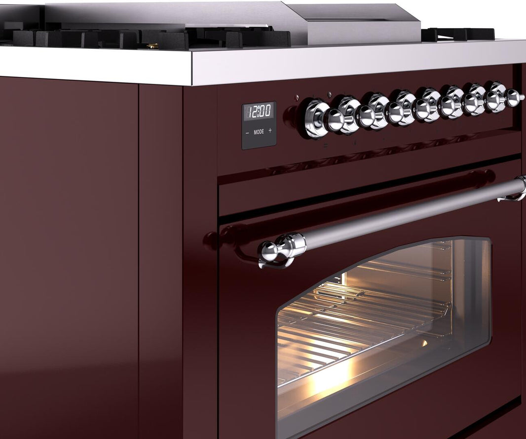 ILVE Nostalgie II 36-Inch Dual Fuel Freestanding Range in Burgundy with Chrome Trim (UP36FNMPBUC)