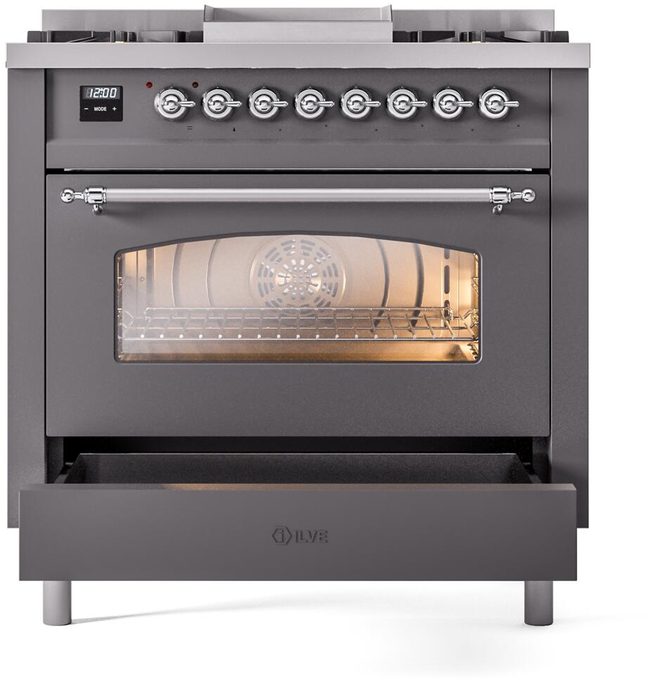 ILVE Nostalgie II 36-Inch Dual Fuel Freestanding Range in Matte Graphite with Chrome Trim (UP36FNMPMGC)