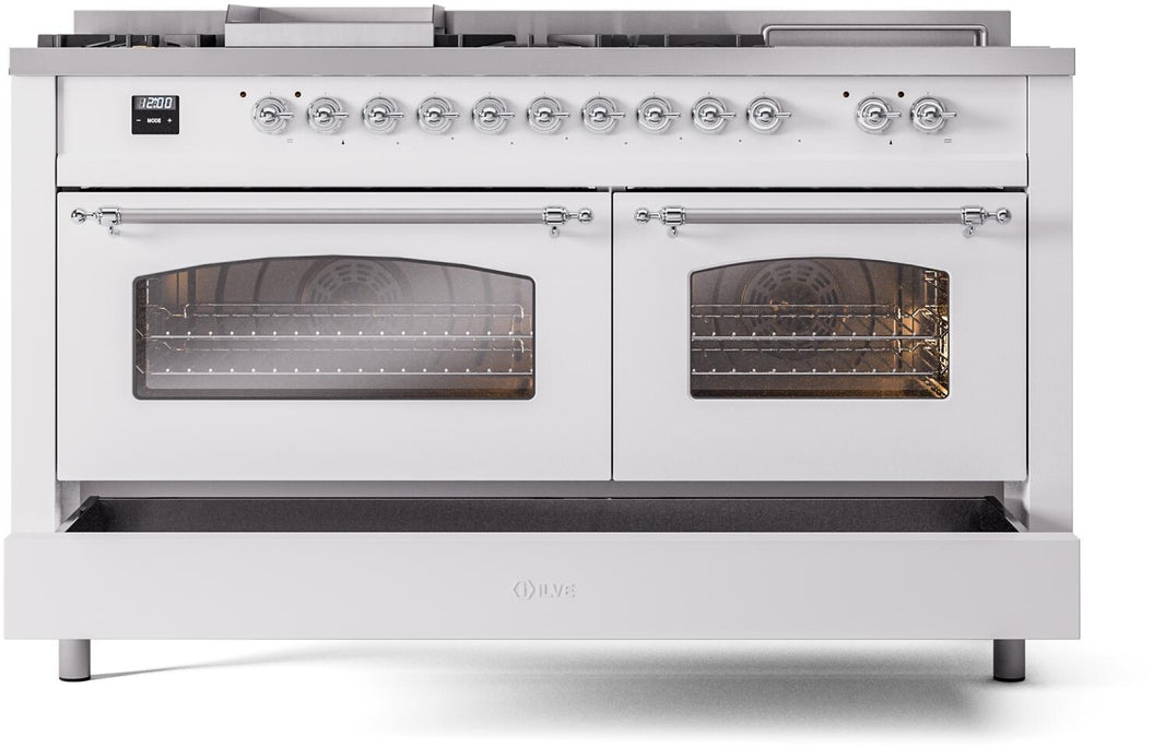 ILVE Nostalgie II 60-Inch Dual Fuel Freestanding Range in White with Chrome Trim (UP60FSNMPWHC)