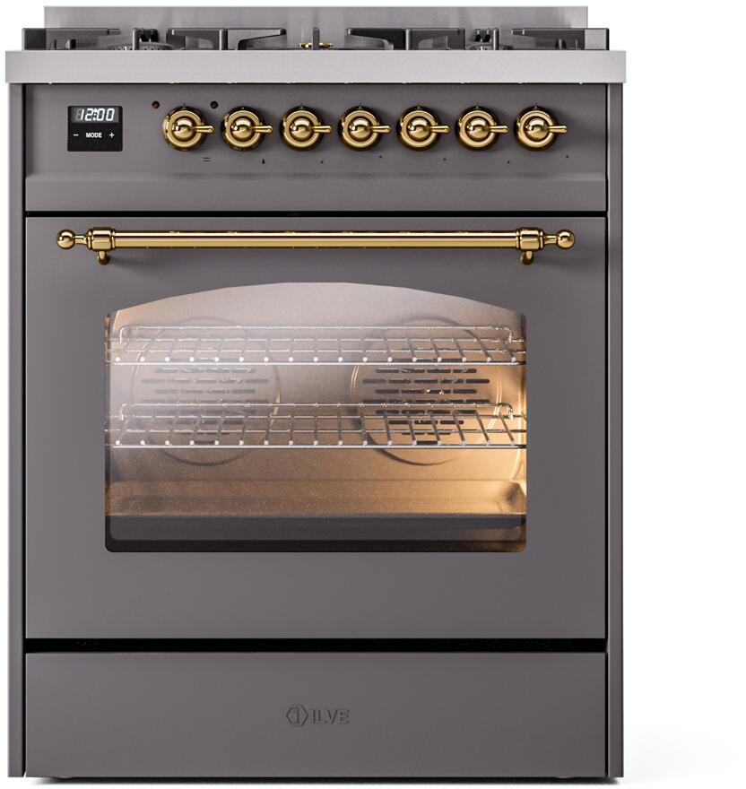 ILVE Nostalgie II 30-Inch Dual Fuel Freestanding Range in Matte Graphite with Brass Trim (UP30NMPMGG)