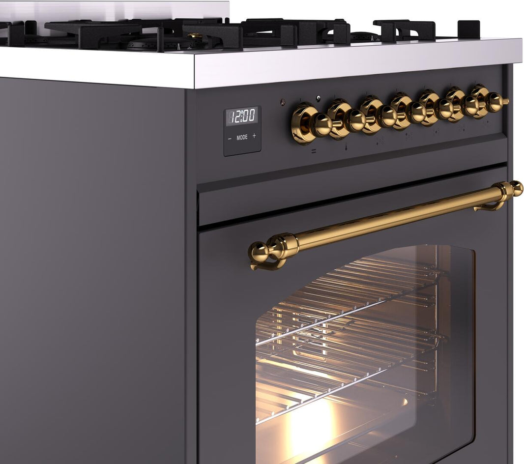 ILVE Nostalgie II 30-Inch Dual Fuel Freestanding Range in Matte Graphite with Brass Trim (UP30NMPMGG)