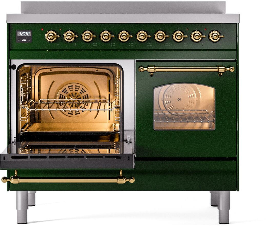 ILVE Nostalgie II 40-Inch Freestanding Electric Induction Range in Emerald Green with Brass Trim (UPDI406NMPEGG)