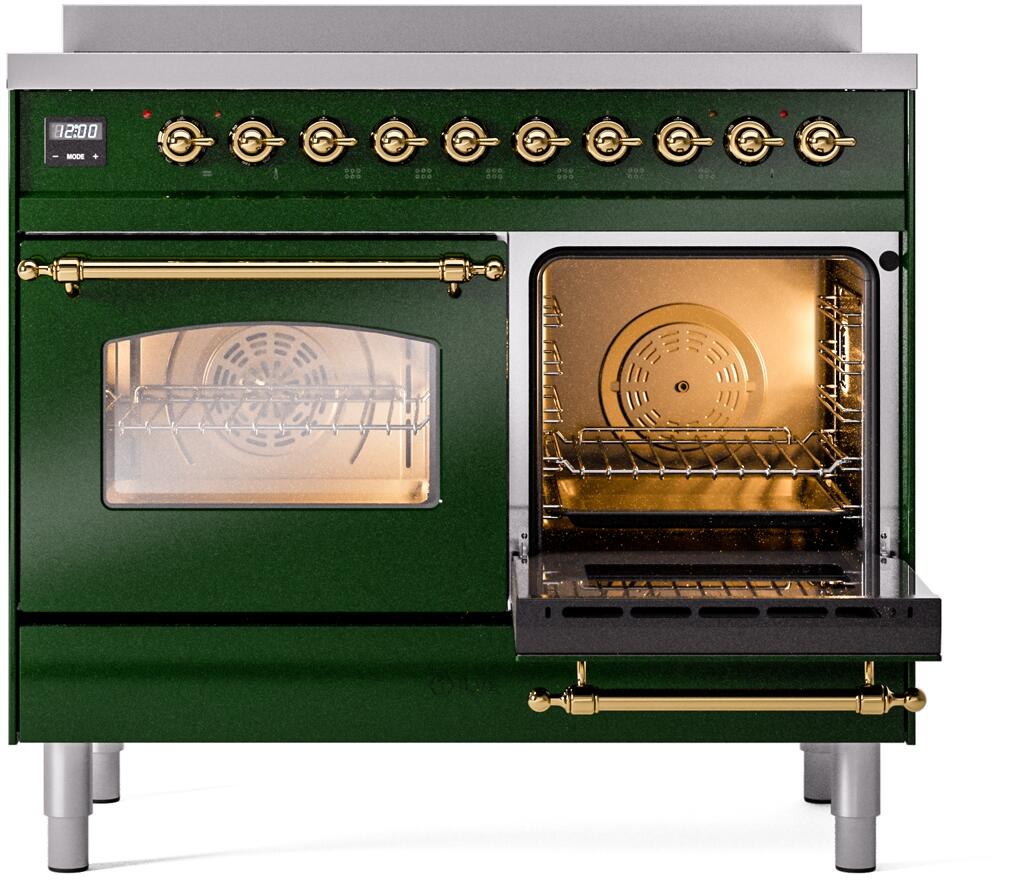 ILVE Nostalgie II 40-Inch Freestanding Electric Induction Range in Emerald Green with Brass Trim (UPDI406NMPEGG)