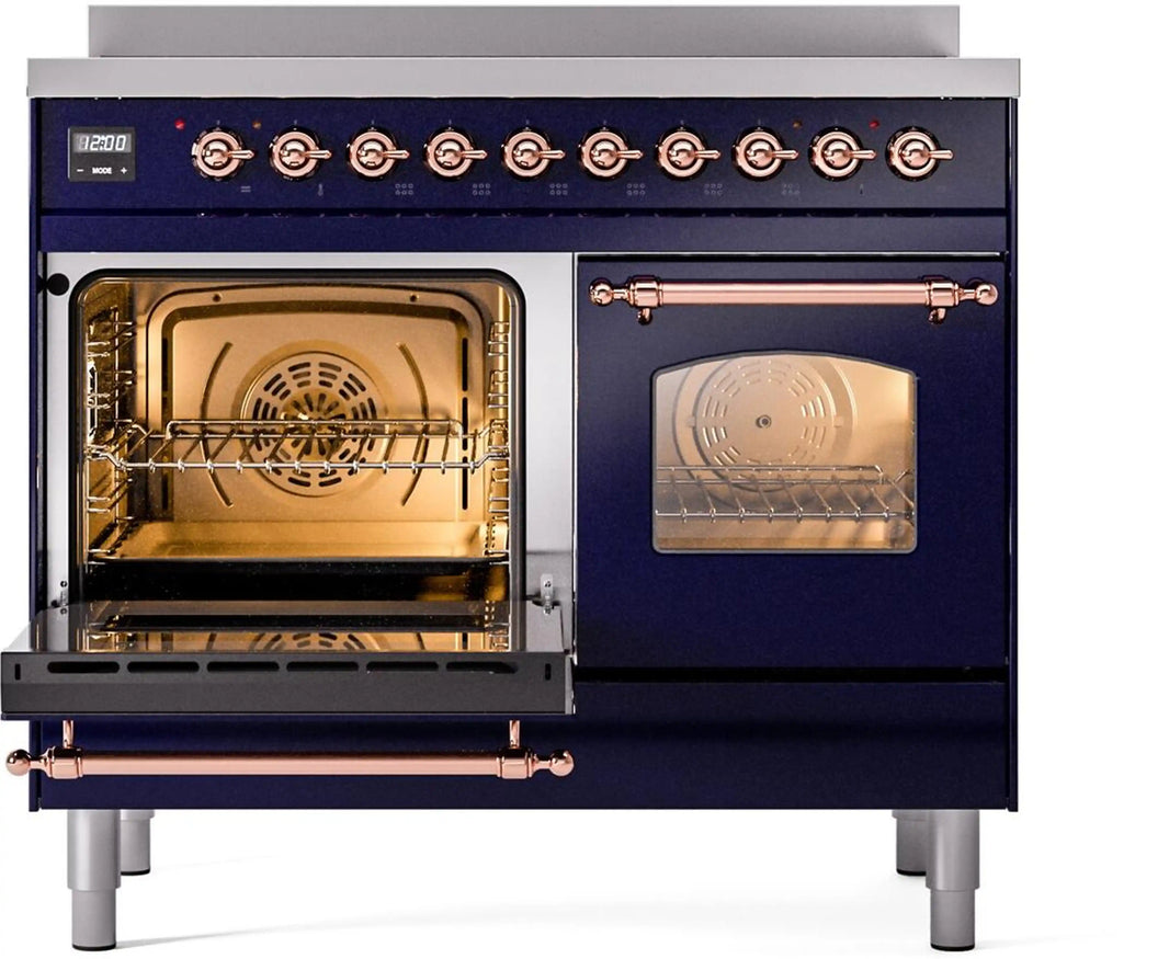 ILVE Nostalgie II 40-Inch Freestanding Electric Induction Range in Midnight Blue with Copper Trim (UPDI406NMPMBP)