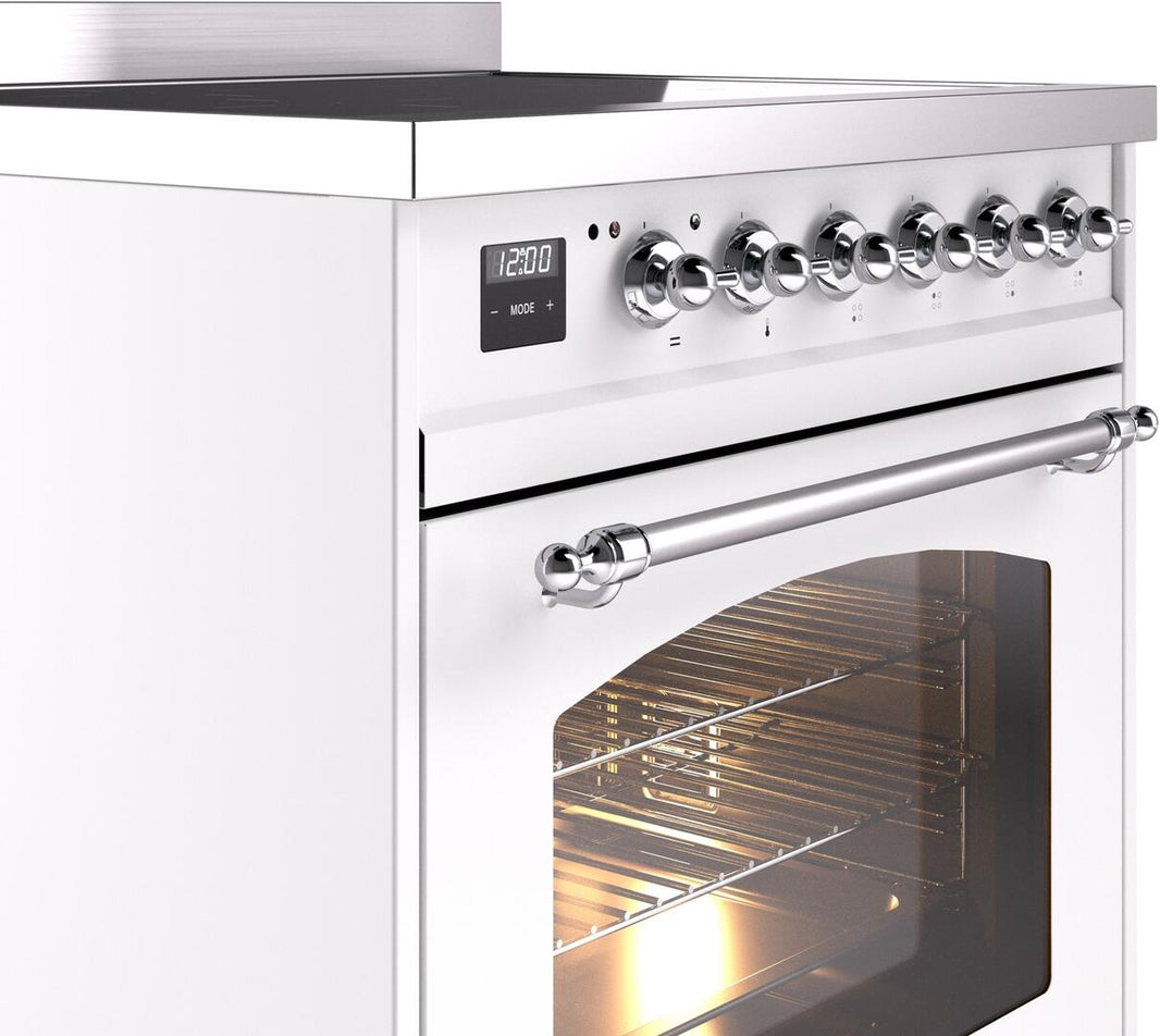 ILVE Nostalgie II 30-Inch Freestanding Electric Induction Range in White with Chrome Trim (UPI304NMPWHC)