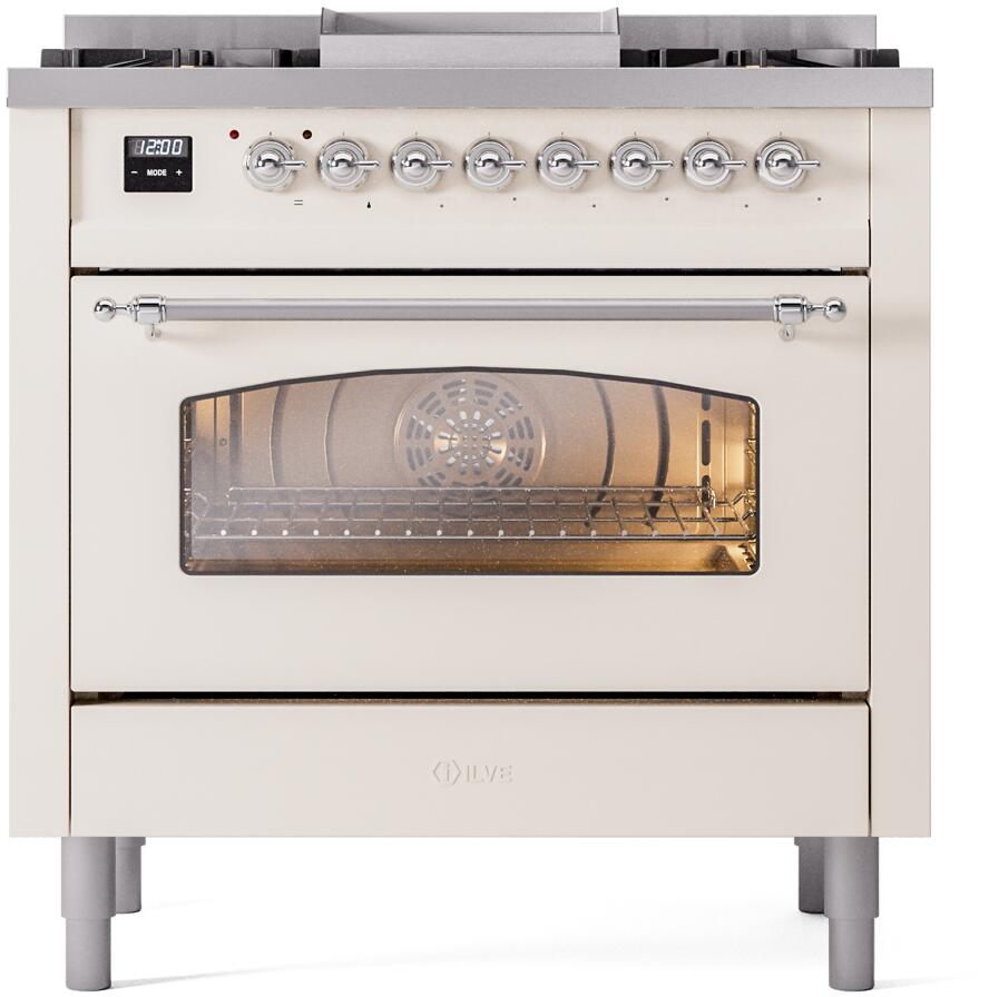 ILVE Nostalgie II 36-Inch Dual Fuel Freestanding Range in Antique White with Chrome Trim (UP36FNMPAWC)