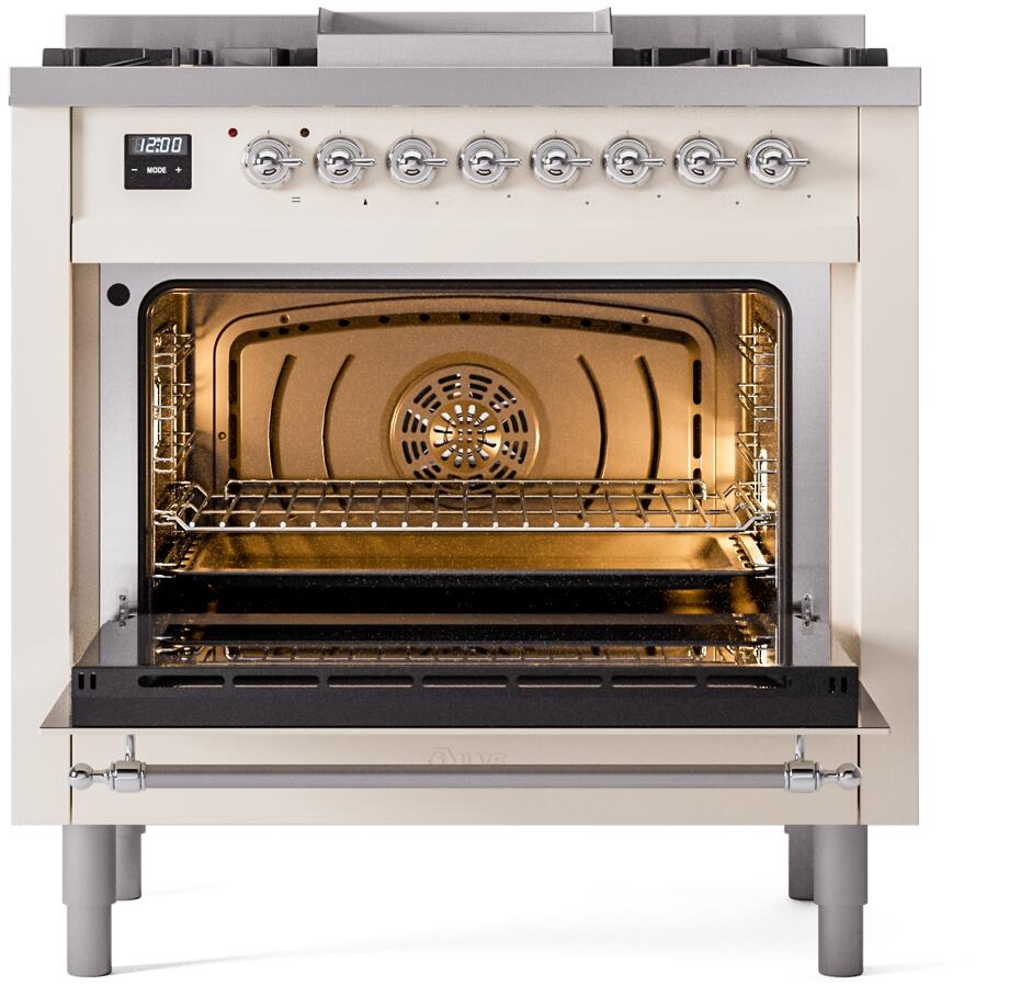 ILVE Nostalgie II 36-Inch Dual Fuel Freestanding Range in Antique White with Chrome Trim (UP36FNMPAWC)