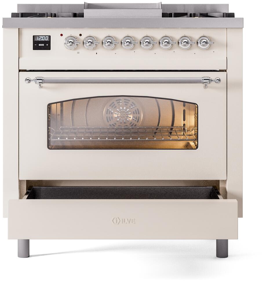 ILVE Nostalgie II 36-Inch Dual Fuel Freestanding Range in Antique White with Chrome Trim (UP36FNMPAWC)