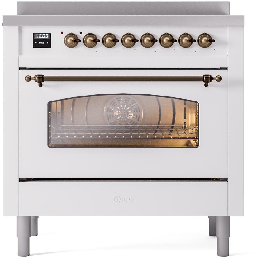 ILVE Nostalgie II 36-Inch Freestanding Electric Induction Range in White with Bronze Trim (UPI366NMPWHB)