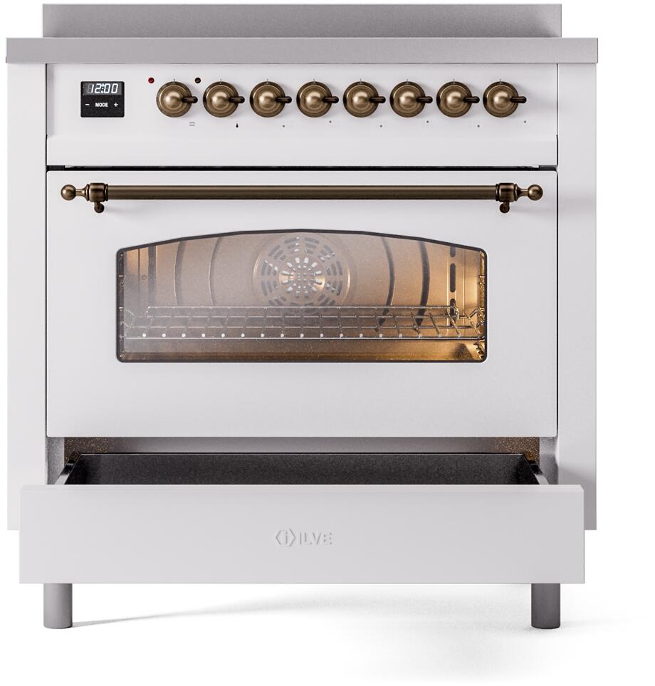 ILVE Nostalgie II 36-Inch Freestanding Electric Induction Range in White with Bronze Trim (UPI366NMPWHB)