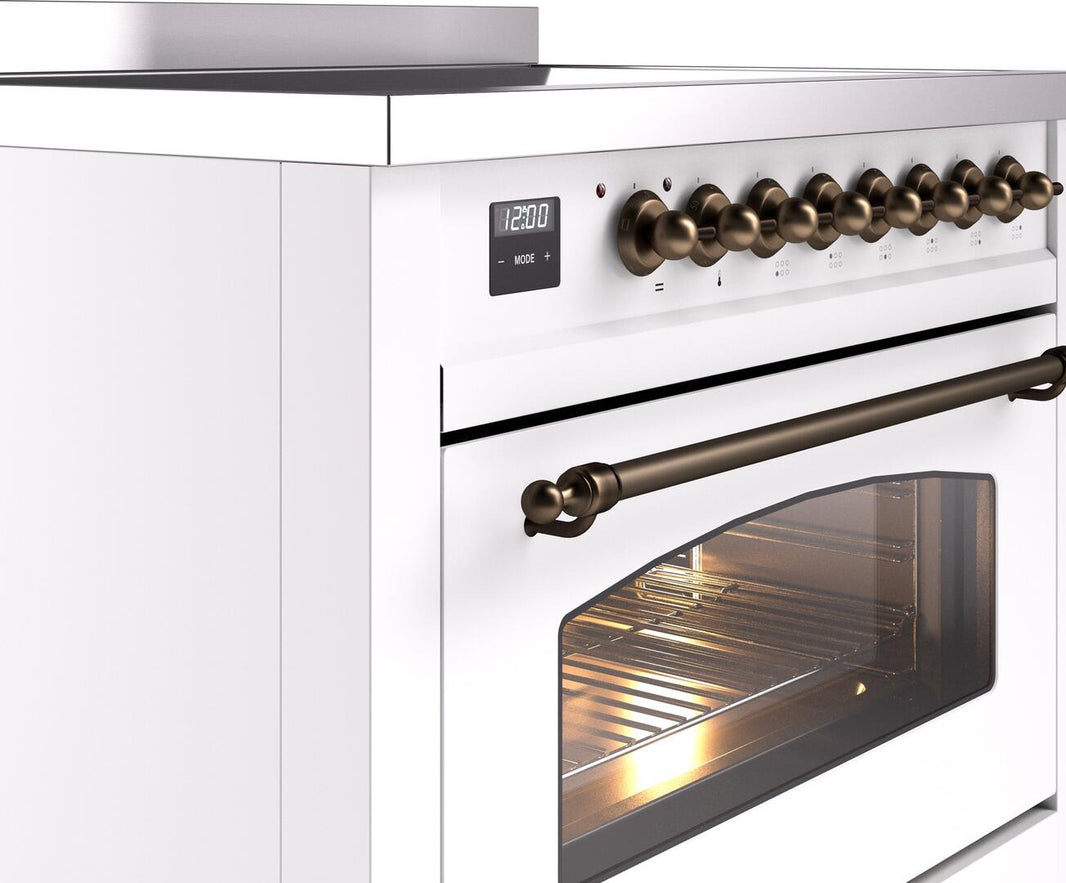 ILVE Nostalgie II 36-Inch Freestanding Electric Induction Range in White with Bronze Trim (UPI366NMPWHB)