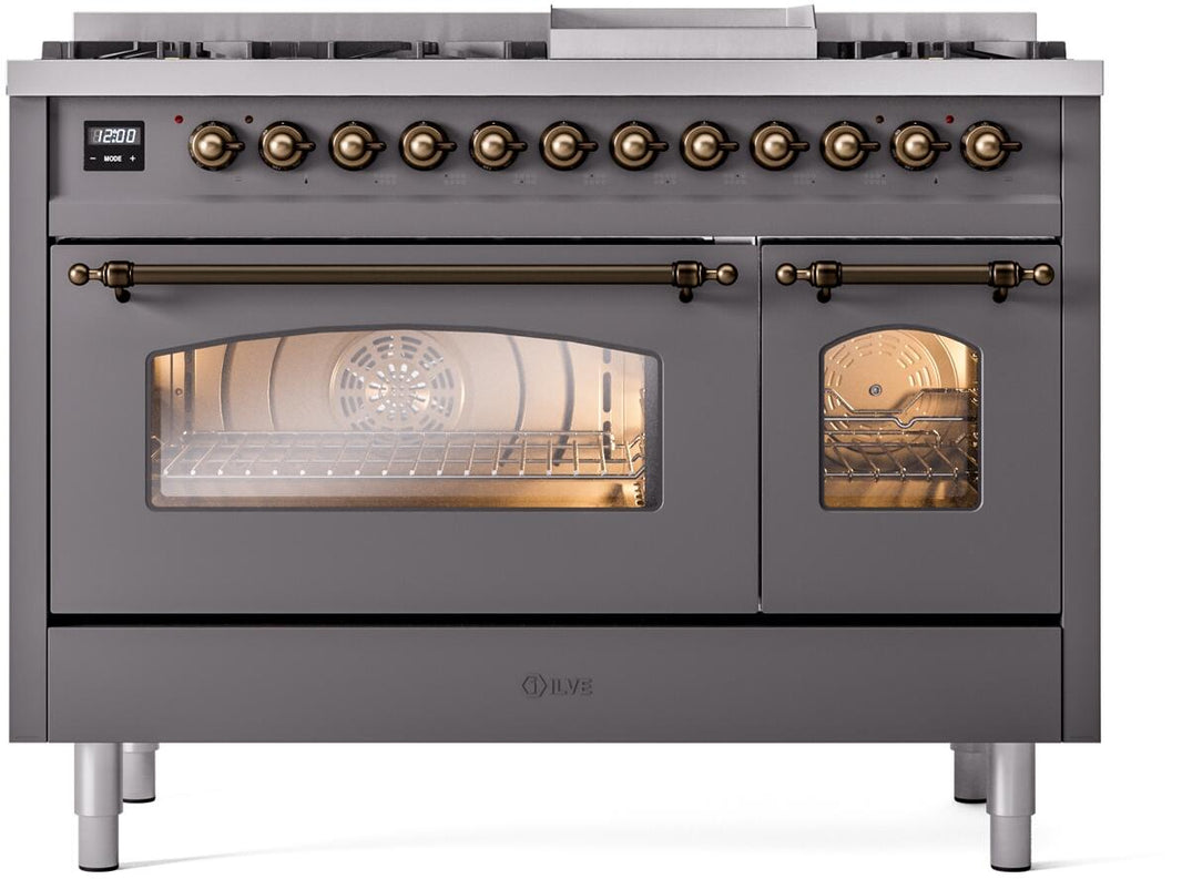 ILVE Nostalgie II 48-Inch Dual Fuel Freestanding Range in Matte Graphite with Bronze Trim (UP48FNMPMGB)