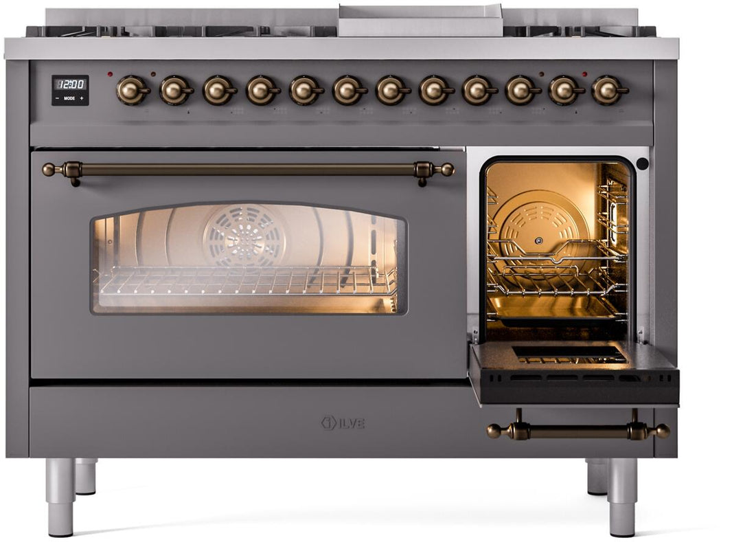 ILVE Nostalgie II 48-Inch Dual Fuel Freestanding Range in Matte Graphite with Bronze Trim (UP48FNMPMGB)