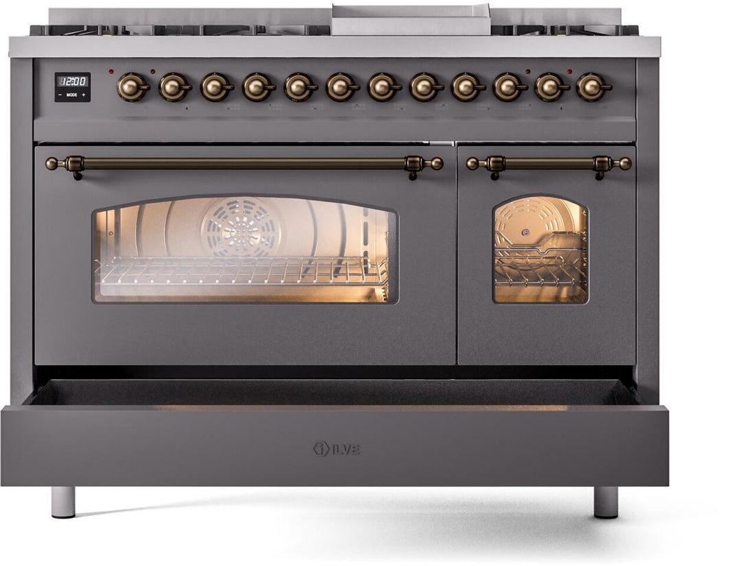 ILVE Nostalgie II 48-Inch Dual Fuel Freestanding Range in Matte Graphite with Bronze Trim (UP48FNMPMGB)