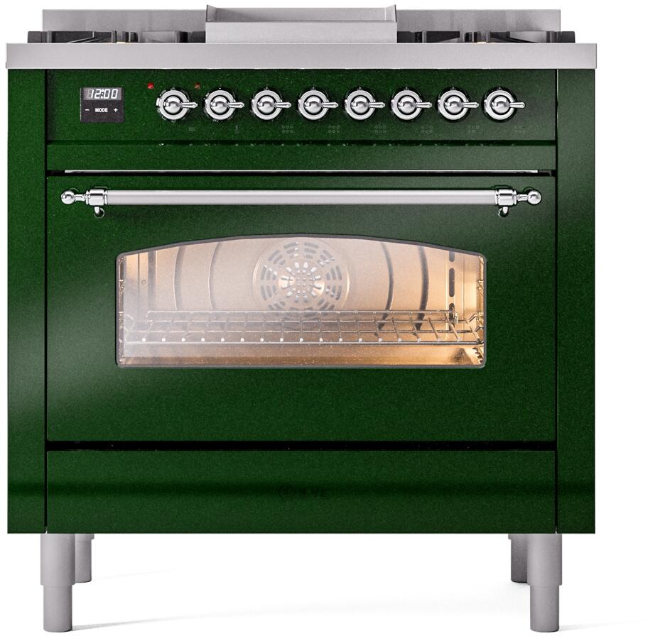 ILVE Nostalgie II 36-Inch Dual Fuel Freestanding Range in Emerald Green with Chrome Trim (UP36FNMPEGC)