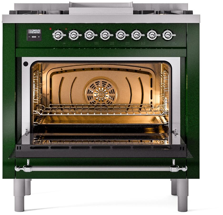 ILVE Nostalgie II 36-Inch Dual Fuel Freestanding Range in Emerald Green with Chrome Trim (UP36FNMPEGC)