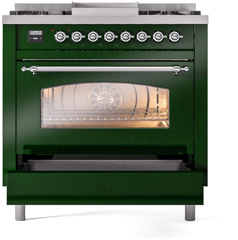 ILVE Nostalgie II 36-Inch Dual Fuel Freestanding Range in Emerald Green with Chrome Trim (UP36FNMPEGC)