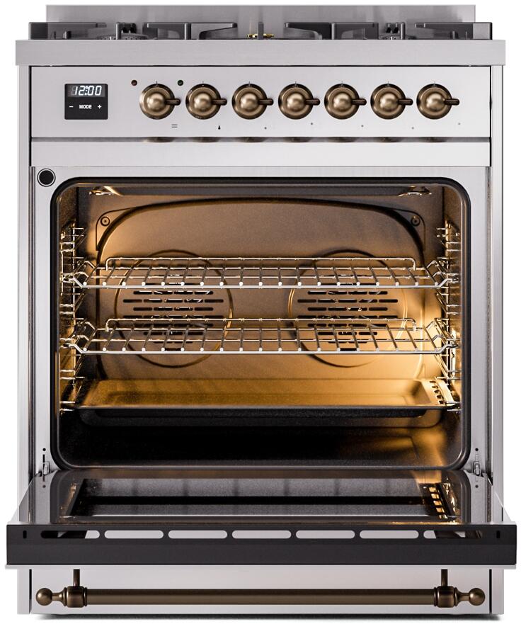 ILVE Nostalgie II 30-Inch Dual Fuel Freestanding Range in Stainless Steel with Bronze Trim (UP30NMPSSB)