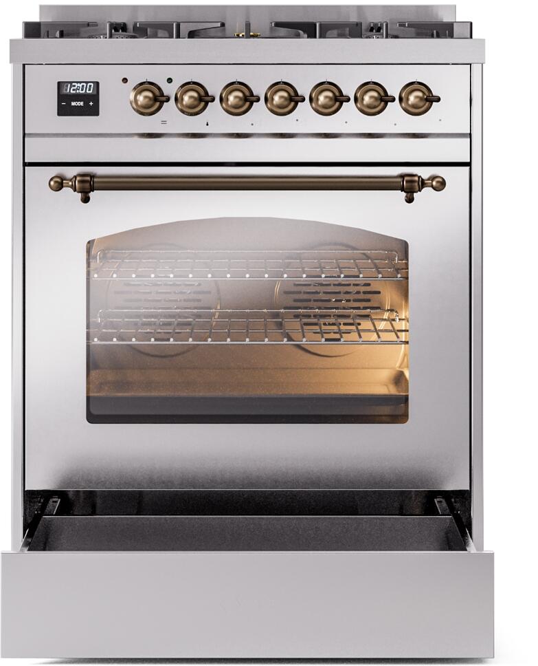 ILVE Nostalgie II 30-Inch Dual Fuel Freestanding Range in Stainless Steel with Bronze Trim (UP30NMPSSB)