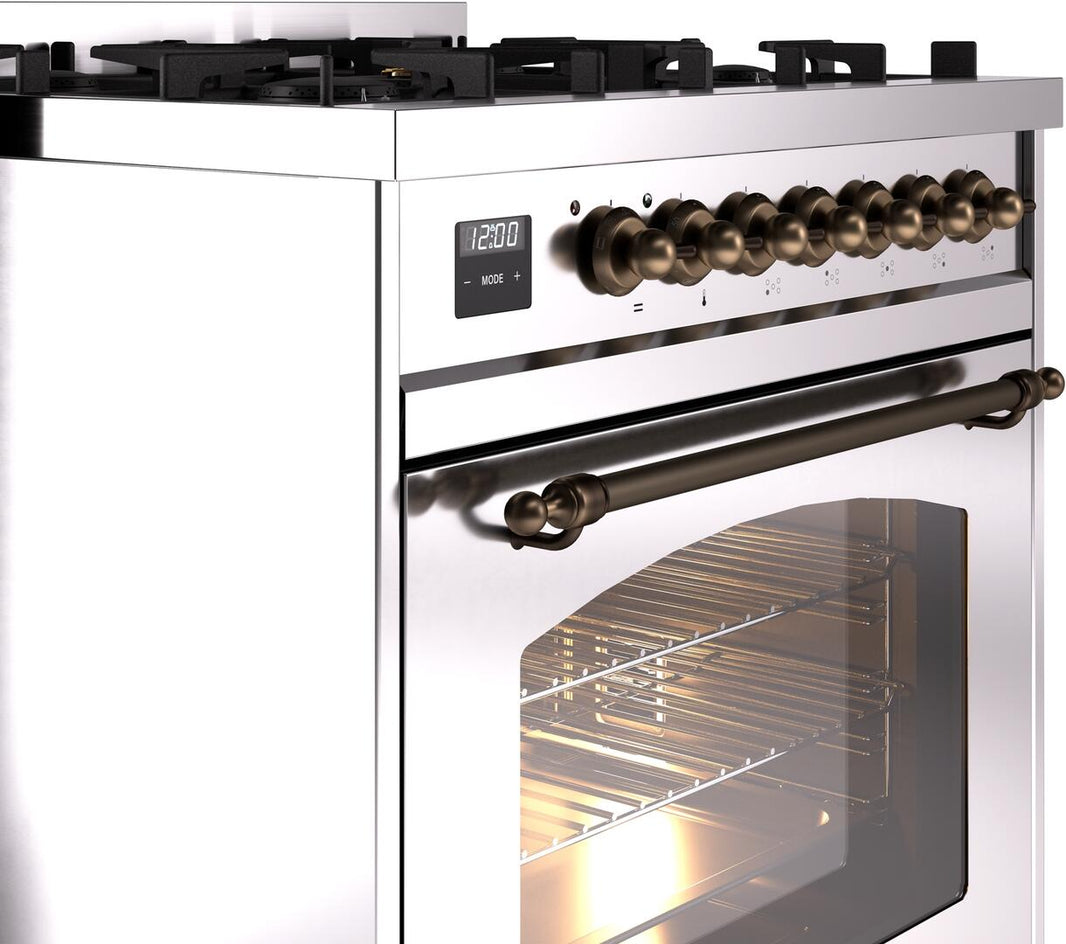 ILVE Nostalgie II 30-Inch Dual Fuel Freestanding Range in Stainless Steel with Bronze Trim (UP30NMPSSB)