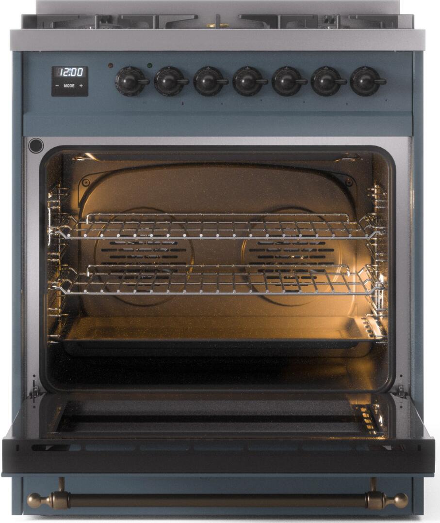 ILVE Nostalgie II 30-Inch Dual Fuel Freestanding Range in Blue Grey with Bronze Trim (UP30NMPBGB)