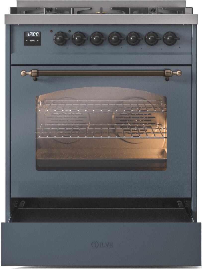 ILVE Nostalgie II 30-Inch Dual Fuel Freestanding Range in Blue Grey with Bronze Trim (UP30NMPBGB)