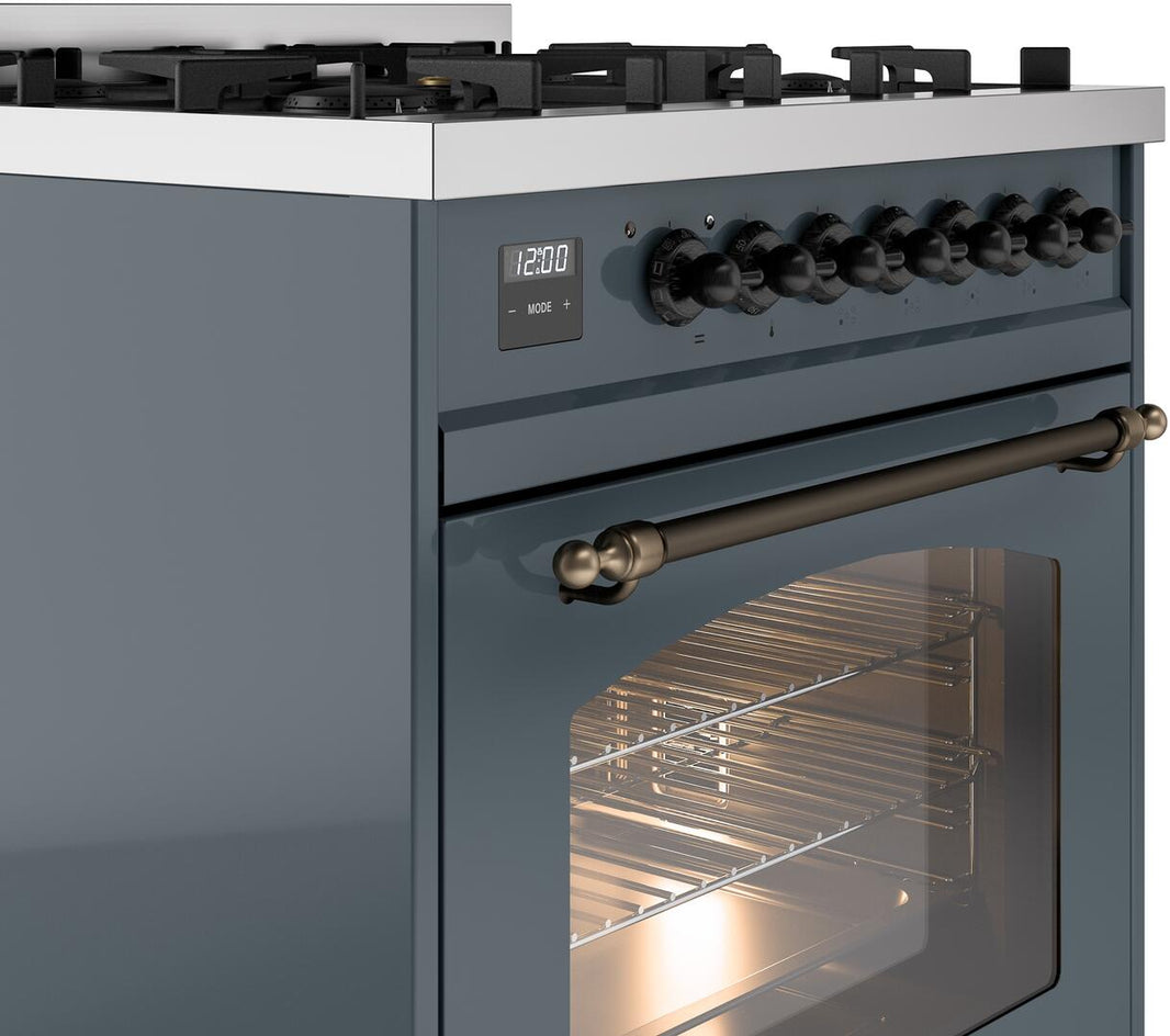 ILVE Nostalgie II 30-Inch Dual Fuel Freestanding Range in Blue Grey with Bronze Trim (UP30NMPBGB)