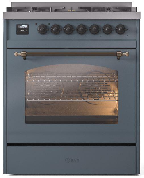 ILVE Nostalgie II 30-Inch Dual Fuel Freestanding Range in Blue Grey with Bronze Trim (UP30NMPBGB)