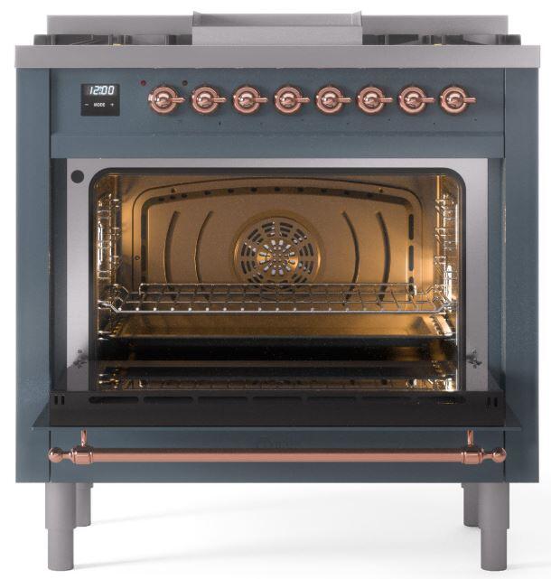 ILVE Nostalgie II 36-Inch Dual Fuel Freestanding Range in Blue Grey with Copper Trim (UP36FNMPBGP)