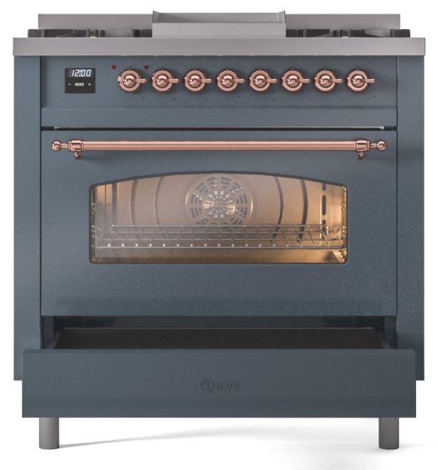 ILVE Nostalgie II 36-Inch Dual Fuel Freestanding Range in Blue Grey with Copper Trim (UP36FNMPBGP)