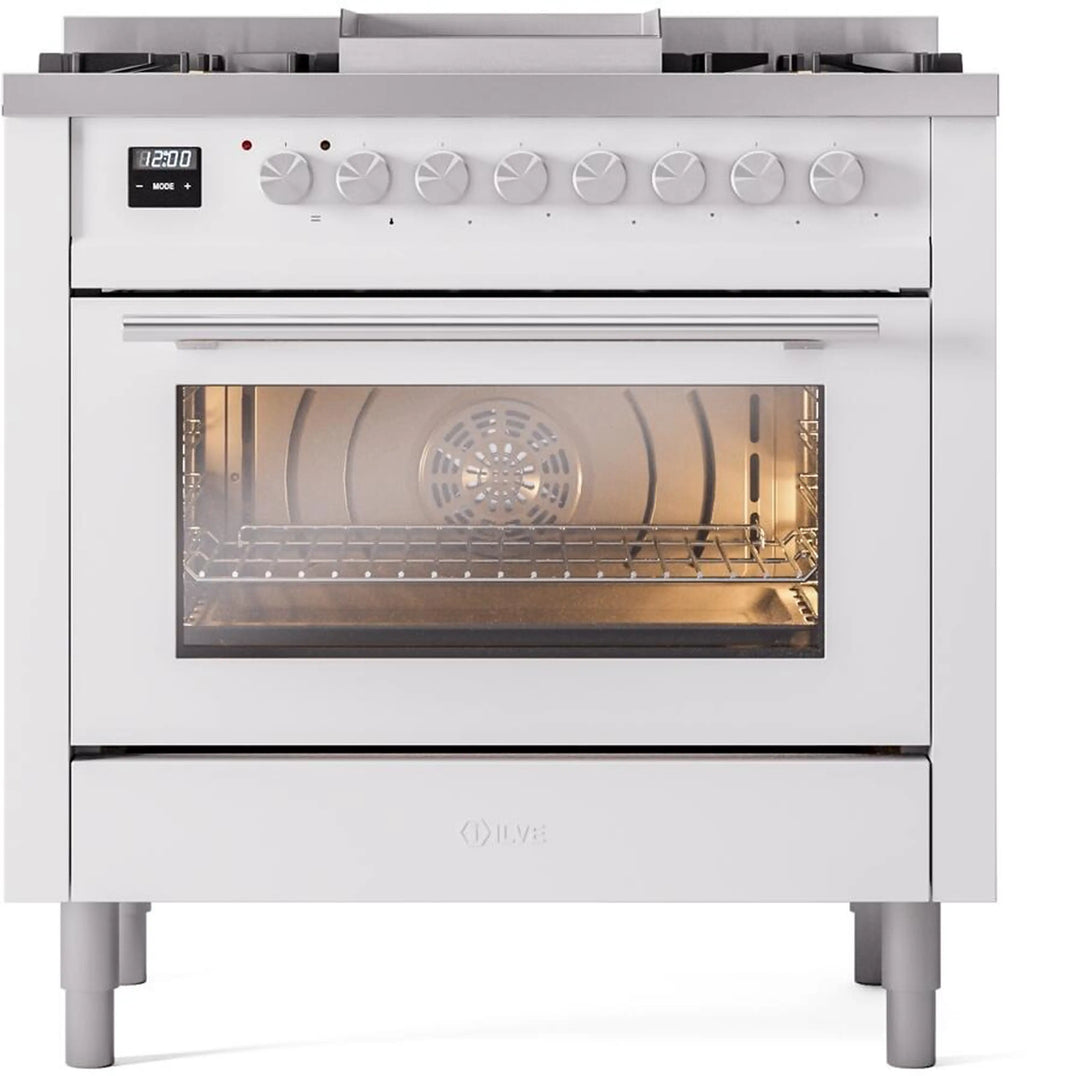 ILVE Professional Plus II 36-Inch Freestanding Dual Fuel Range with 6 Sealed Burner in White (UP36FWMPWH)