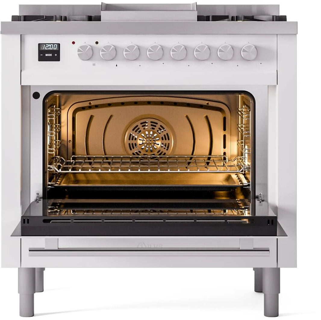 ILVE Professional Plus II 36-Inch Freestanding Dual Fuel Range with 6 Sealed Burner in White (UP36FWMPWH)