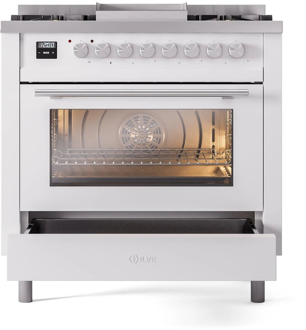 ILVE Professional Plus II 36-Inch Freestanding Dual Fuel Range with 6 Sealed Burner in White (UP36FWMPWH)