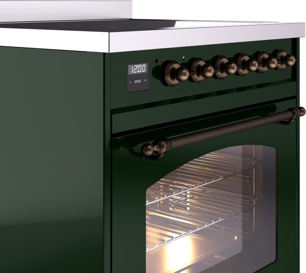 ILVE Nostalgie II 30-Inch Freestanding Electric Induction Range in Emerald Green with Bronze Trim (UPI304NMPEGB)