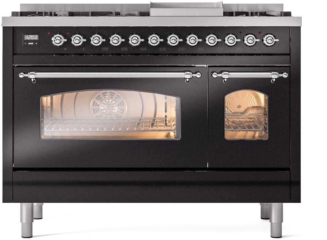 ILVE Nostalgie II 48-Inch Dual Fuel Freestanding Range in Glossy Black with Chrome Trim (UP48FNMPBKC)